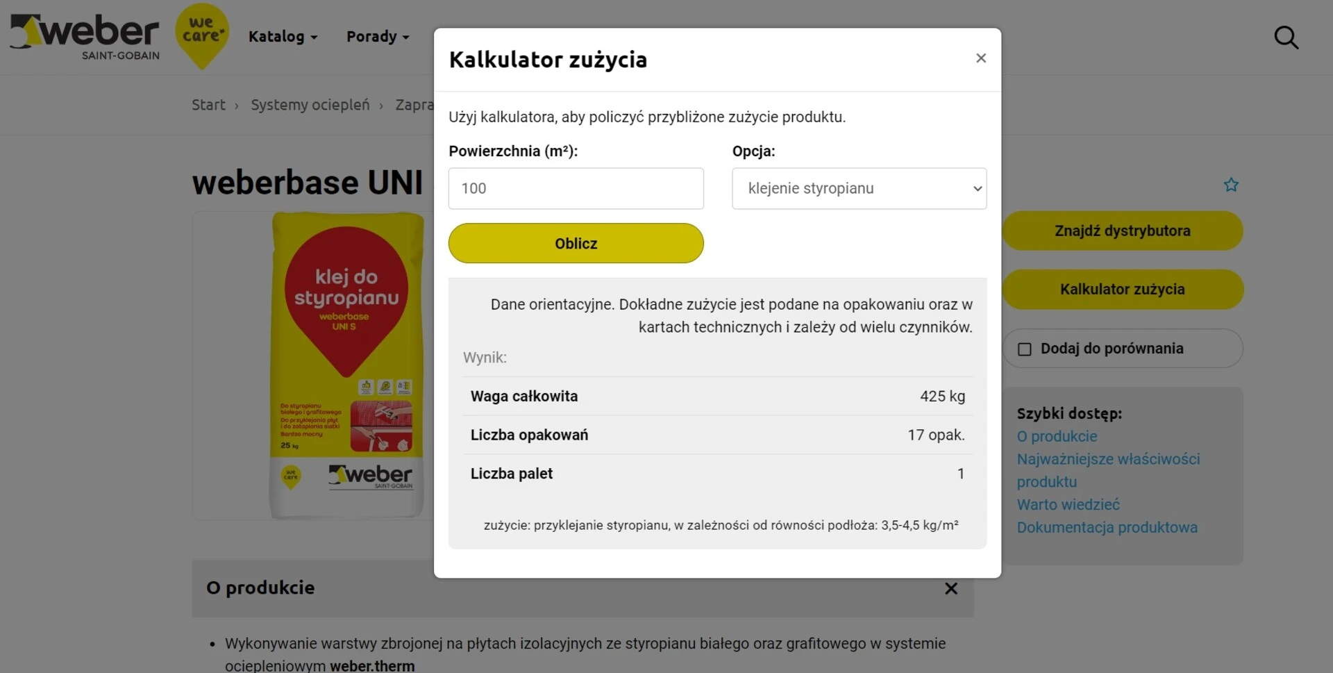 weber kalkulator kleju do styropianu - obliczenia